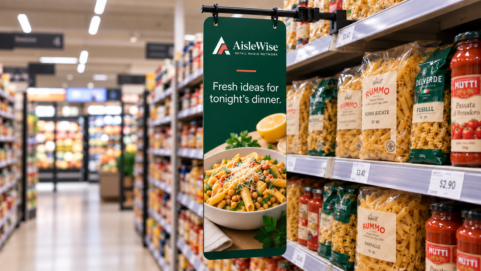 Panneau publicitaire Fin semi-rigide dépassant du bord d’un rayon de supermarché
